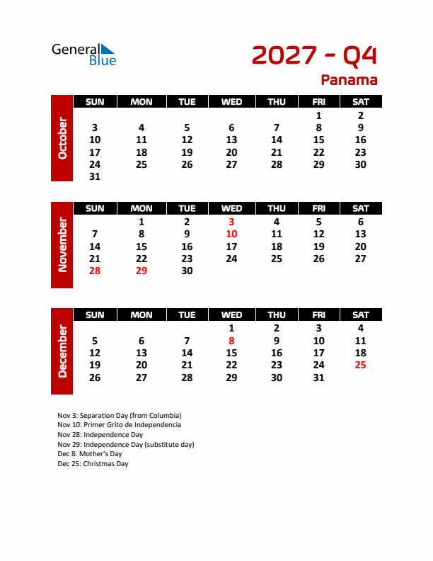 Q4 2027 Calendar with Holidays in Panama