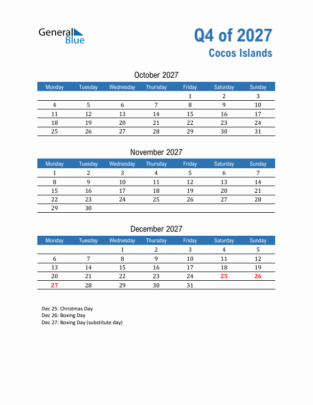 Cocos Islands Q4 2027 Quarterly Calendar with Monday Start