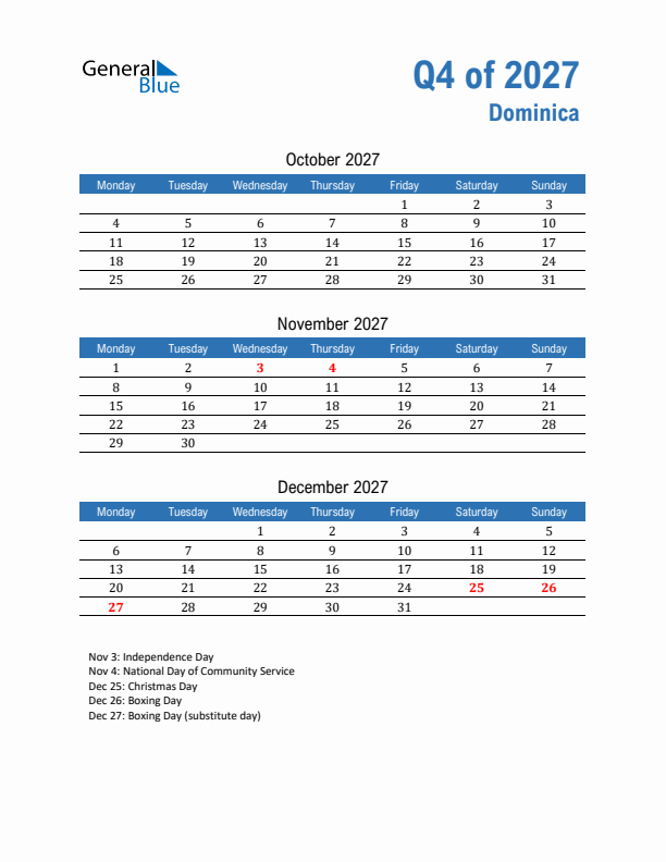 Dominica Q4 2027 Quarterly Calendar with Monday Start