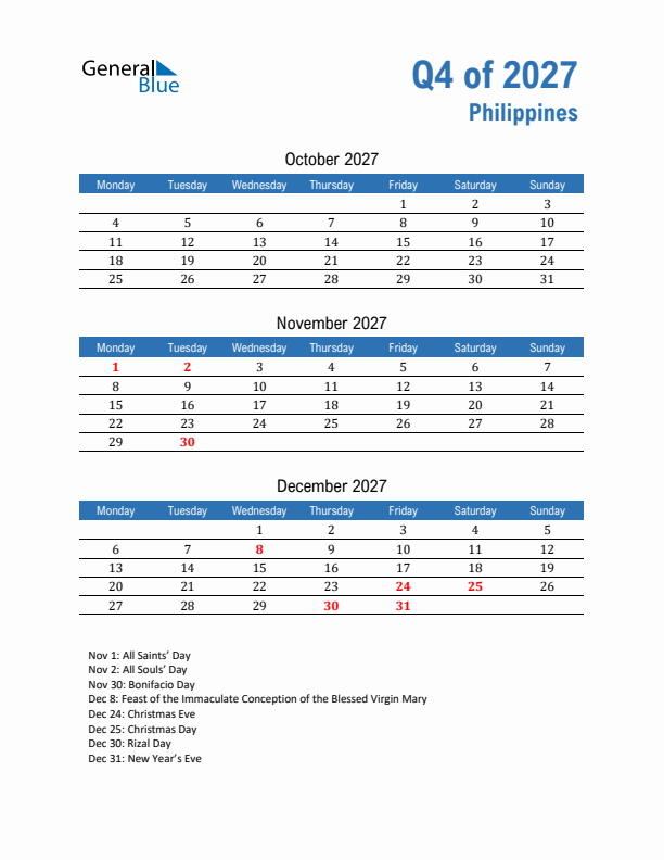 Philippines Q4 2027 Quarterly Calendar with Monday Start