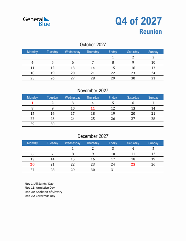 Reunion Q4 2027 Quarterly Calendar with Monday Start