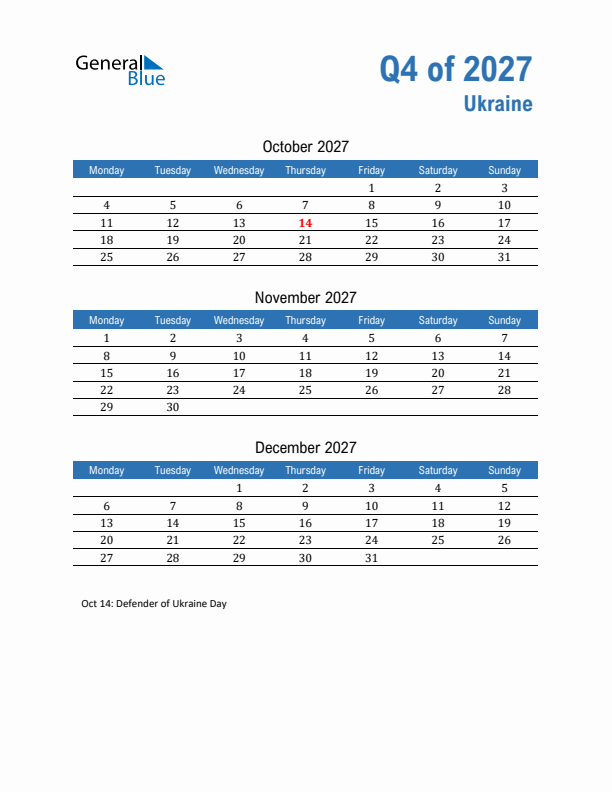 Ukraine Q4 2027 Quarterly Calendar with Monday Start