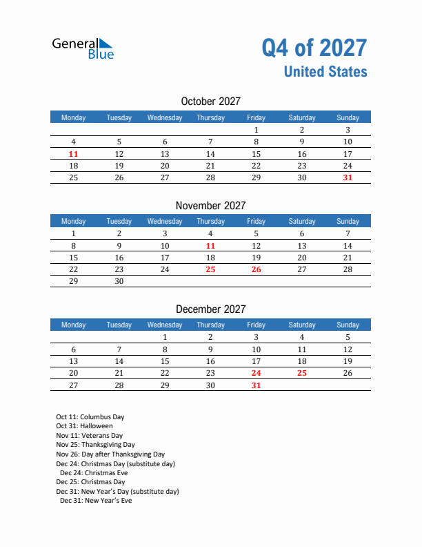 United States Q4 2027 Quarterly Calendar with Monday Start