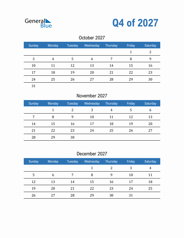 Fillable Quarterly Calendar for Q4 2027