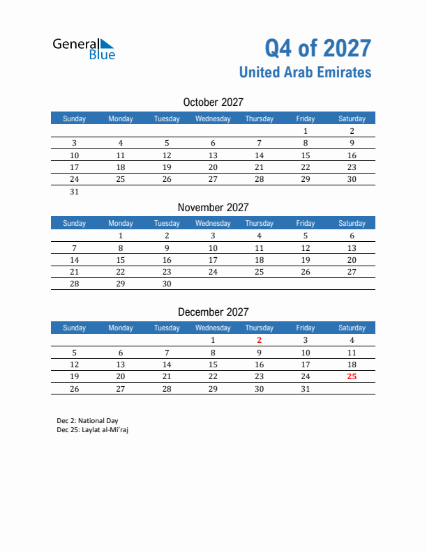 United Arab Emirates Q4 2027 Quarterly Calendar with Sunday Start