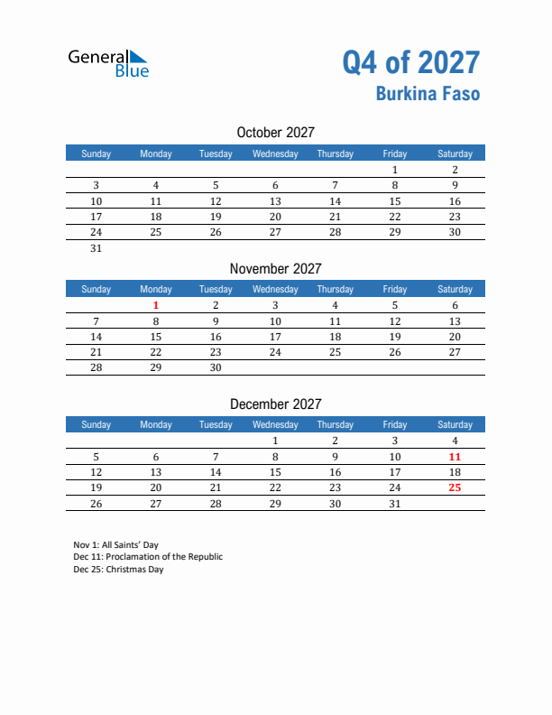 Burkina Faso Q4 2027 Quarterly Calendar with Sunday Start