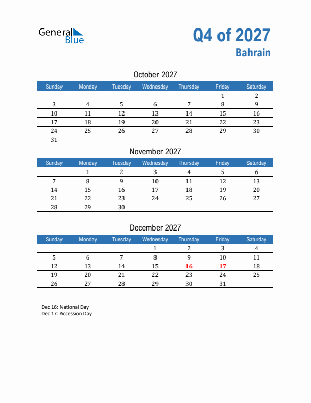 Bahrain Q4 2027 Quarterly Calendar with Sunday Start