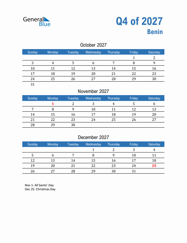 Benin Q4 2027 Quarterly Calendar with Sunday Start