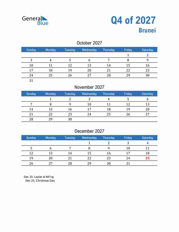 Brunei Q4 2027 Quarterly Calendar with Sunday Start