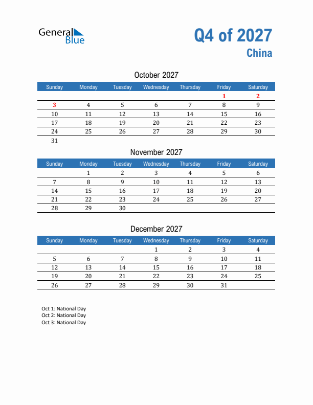 China Q4 2027 Quarterly Calendar with Sunday Start