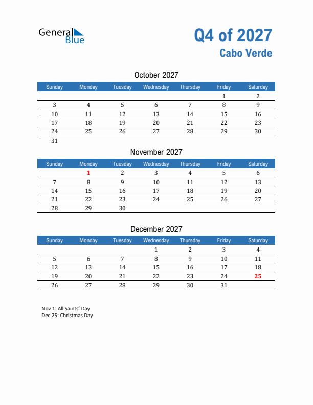 Cabo Verde Q4 2027 Quarterly Calendar with Sunday Start