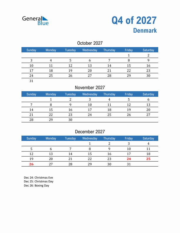 Denmark Q4 2027 Quarterly Calendar with Sunday Start