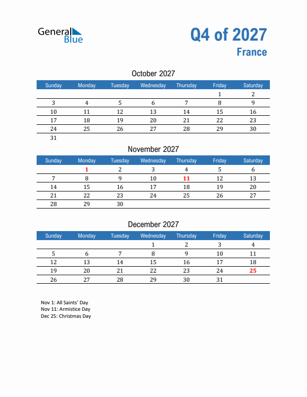 France Q4 2027 Quarterly Calendar with Sunday Start