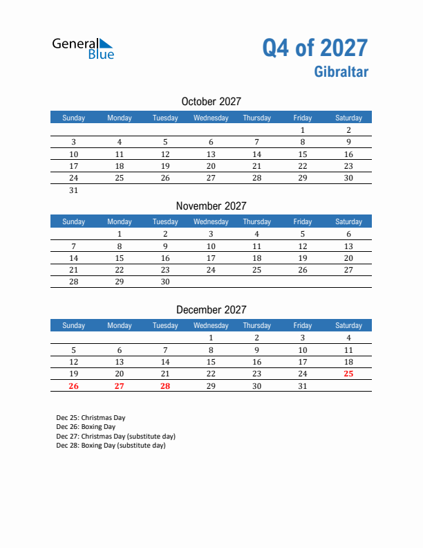 Gibraltar Q4 2027 Quarterly Calendar with Sunday Start