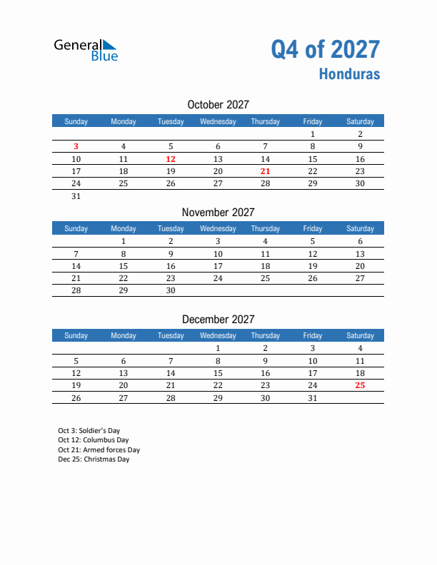 Honduras Q4 2027 Quarterly Calendar with Sunday Start