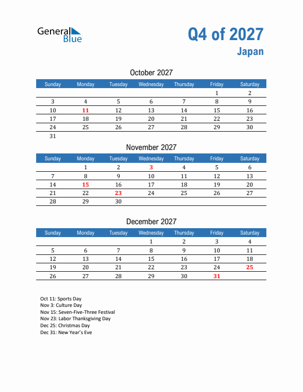 Japan Q4 2027 Quarterly Calendar with Sunday Start