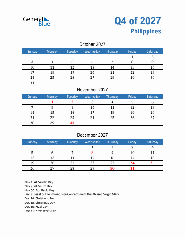 Philippines Q4 2027 Quarterly Calendar with Sunday Start