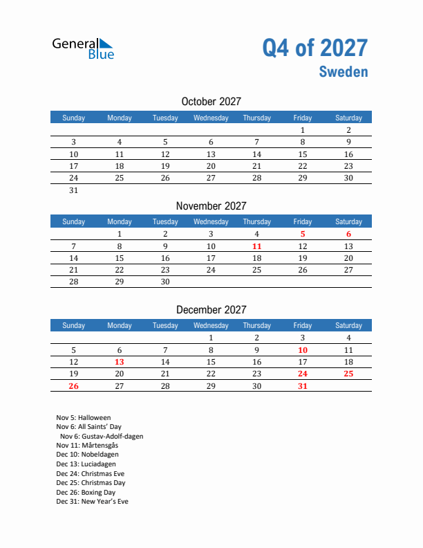 Sweden Q4 2027 Quarterly Calendar with Sunday Start