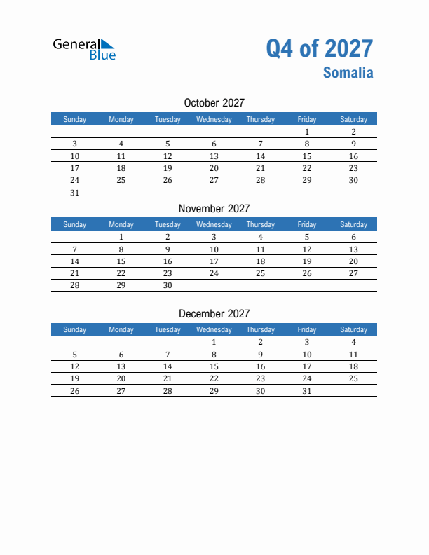 Somalia Q4 2027 Quarterly Calendar with Sunday Start