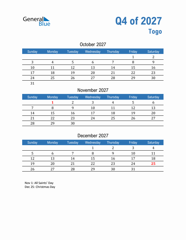 Togo Q4 2027 Quarterly Calendar with Sunday Start