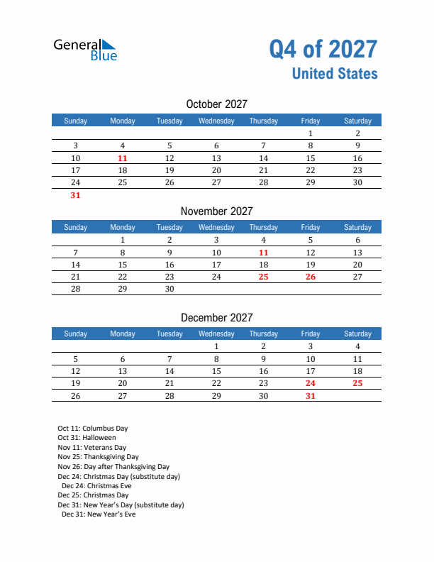 United States Q4 2027 Quarterly Calendar with Sunday Start