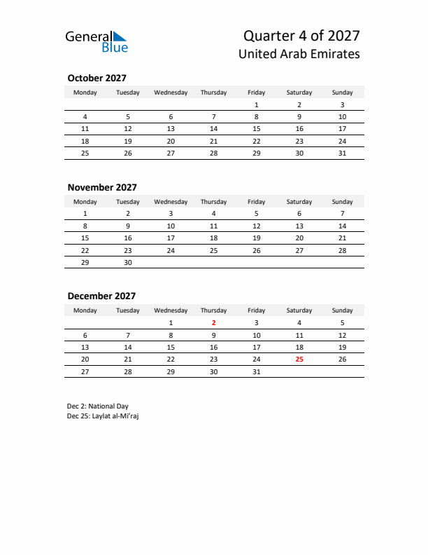 2027 Q4 Three-Month Calendar for United Arab Emirates