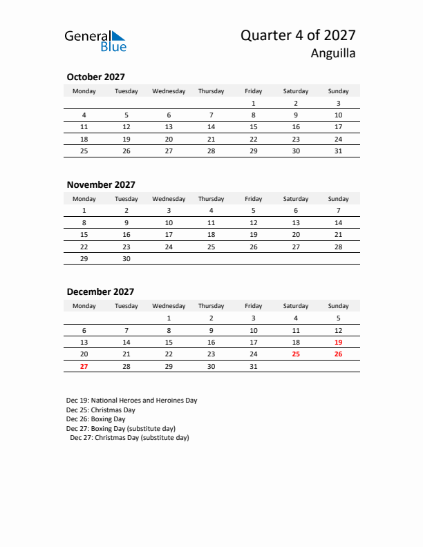 2027 Q4 Three-Month Calendar for Anguilla