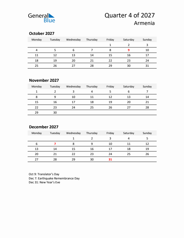 2027 Q4 Three-Month Calendar for Armenia