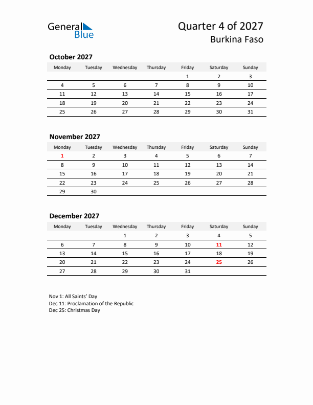 2027 Q4 Three-Month Calendar for Burkina Faso