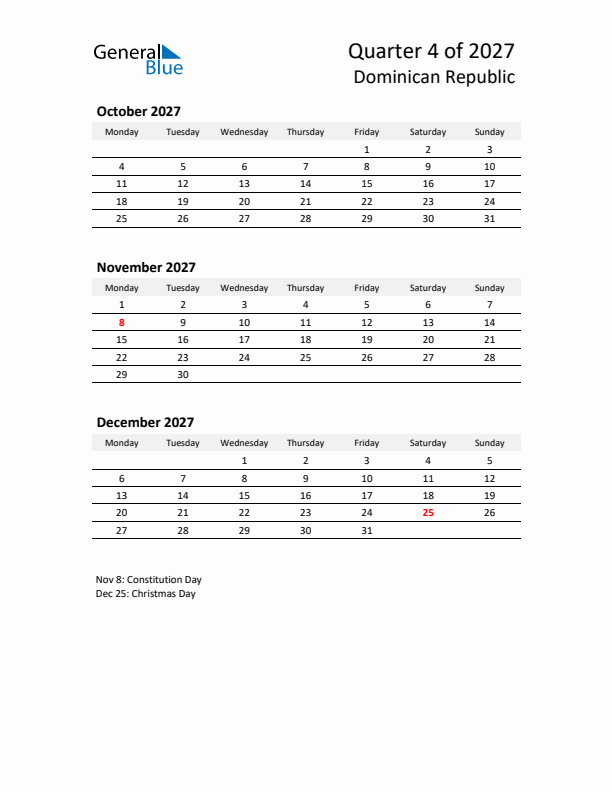 2027 Q4 Three-Month Calendar for Dominican Republic