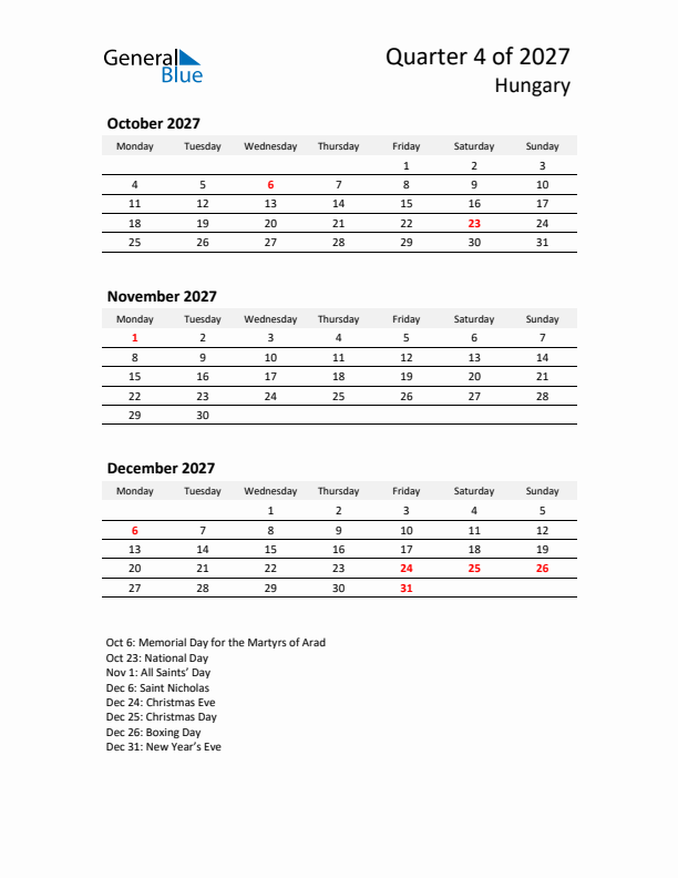 2027 Q4 Three-Month Calendar for Hungary