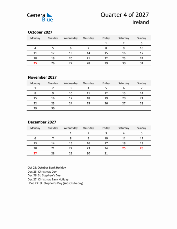 2027 Q4 Three-Month Calendar for Ireland