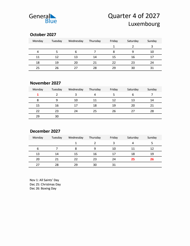 2027 Q4 Three-Month Calendar for Luxembourg