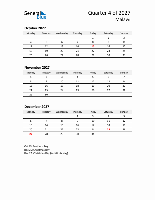 2027 Q4 Three-Month Calendar for Malawi