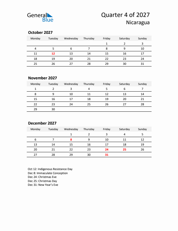 2027 Q4 Three-Month Calendar for Nicaragua