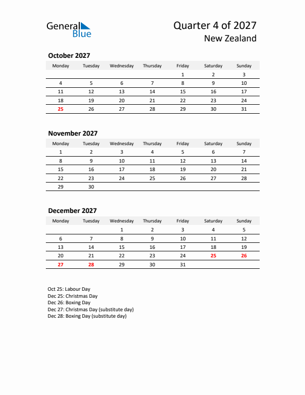 2027 Q4 Three-Month Calendar for New Zealand