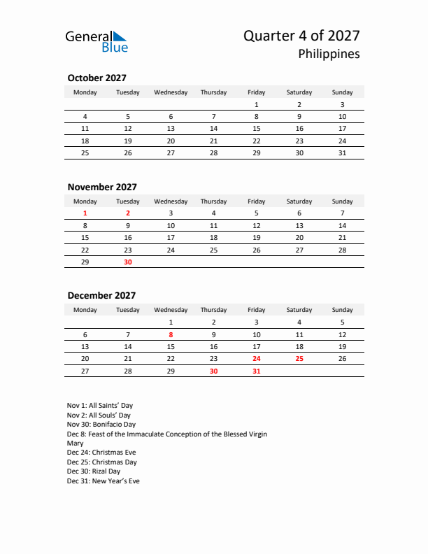 2027 Q4 Three-Month Calendar for Philippines