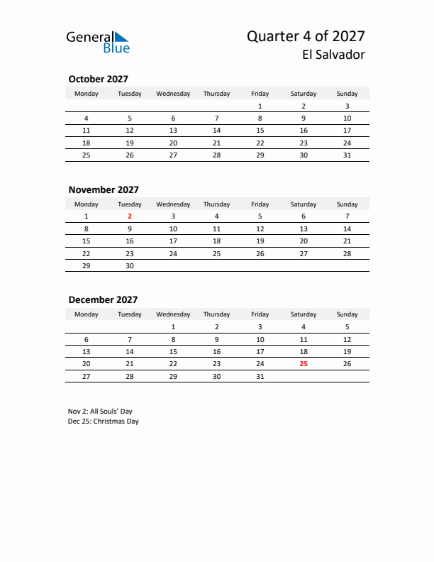 2027 Q4 Three-Month Calendar for El Salvador