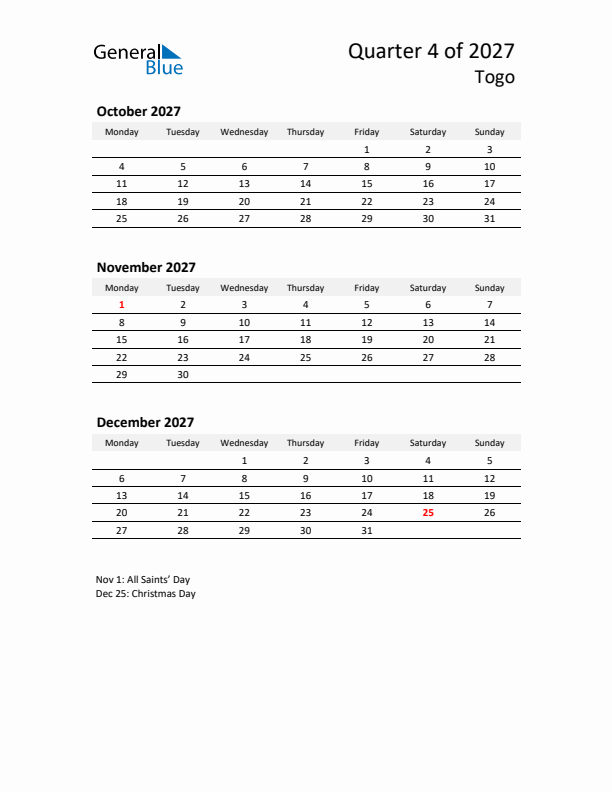 2027 Q4 Three-Month Calendar for Togo