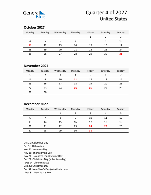 2027 Q4 Three-Month Calendar for United States