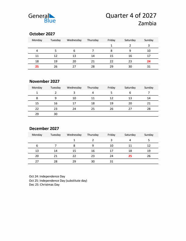 2027 Q4 Three-Month Calendar for Zambia