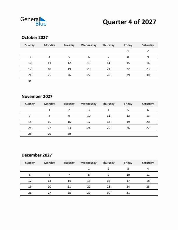 2027 Three-Month Calendar (Quarter 4)