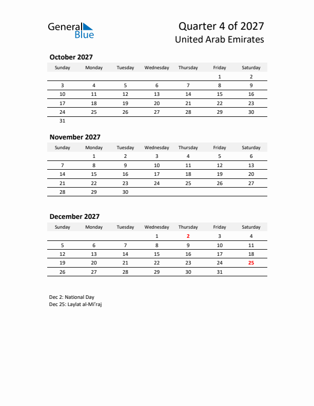 2027 Q4 Three-Month Calendar for United Arab Emirates