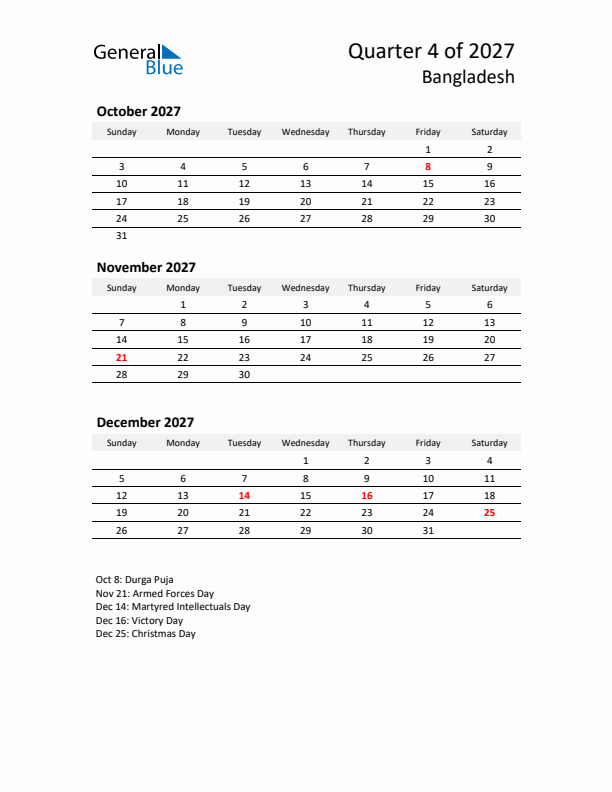 2027 Q4 Three-Month Calendar for Bangladesh