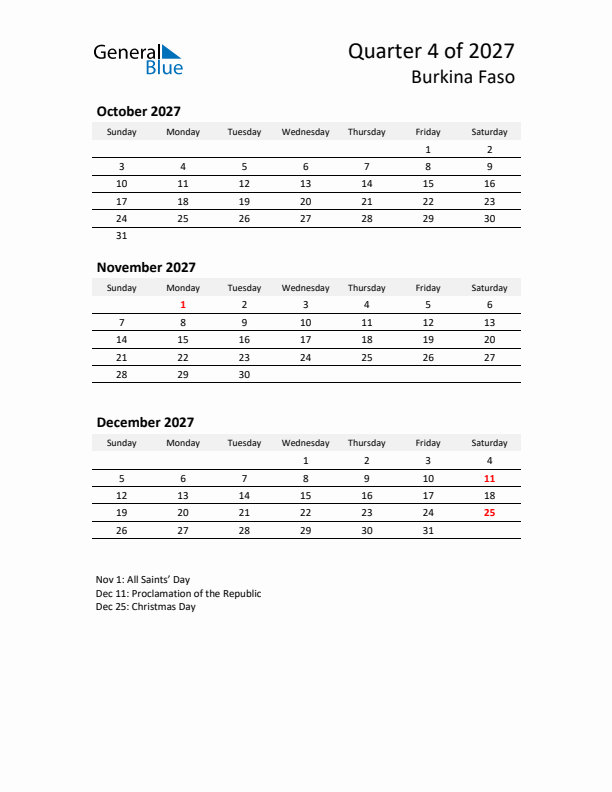 2027 Q4 Three-Month Calendar for Burkina Faso