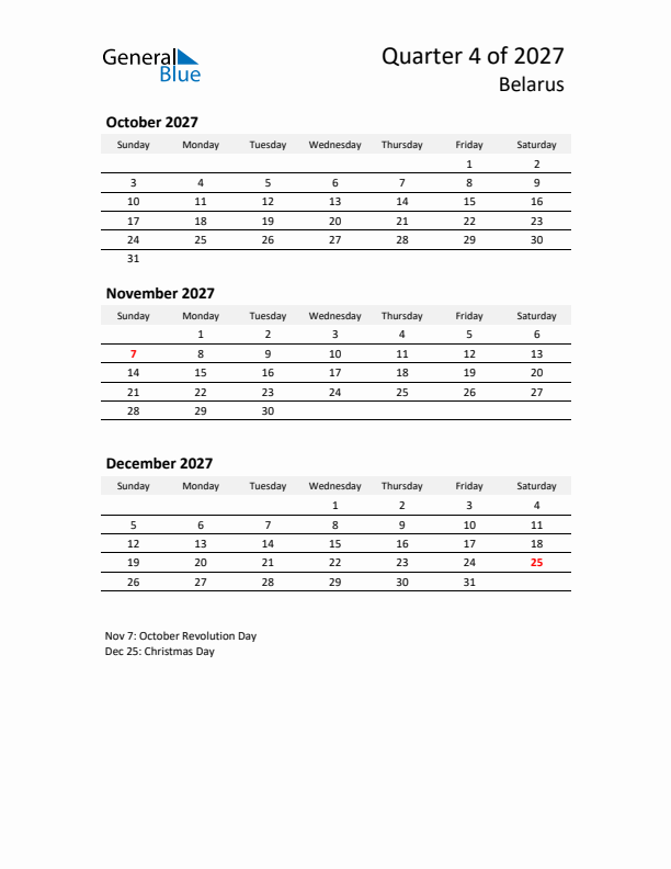 2027 Q4 Three-Month Calendar for Belarus