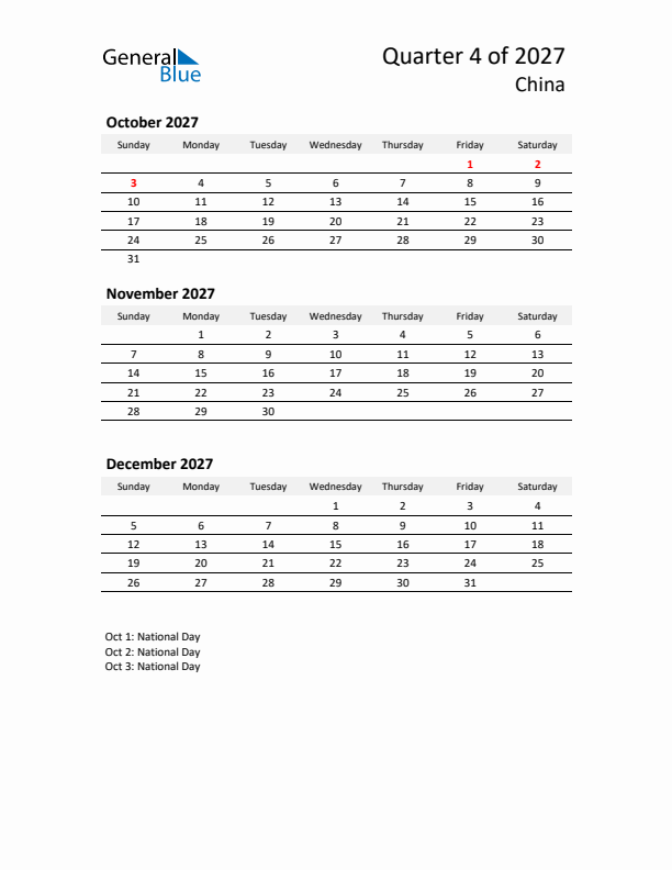 2027 Q4 Three-Month Calendar for China