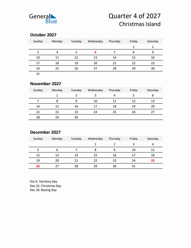 2027 Q4 Three-Month Calendar for Christmas Island