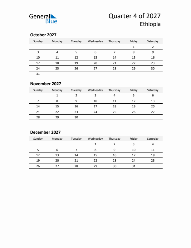 2027 Q4 Three-Month Calendar for Ethiopia