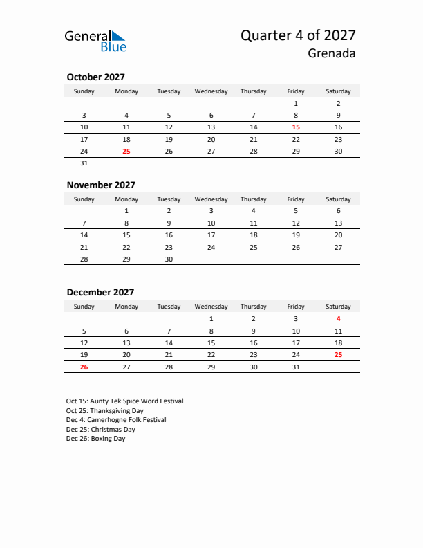 2027 Q4 Three-Month Calendar for Grenada